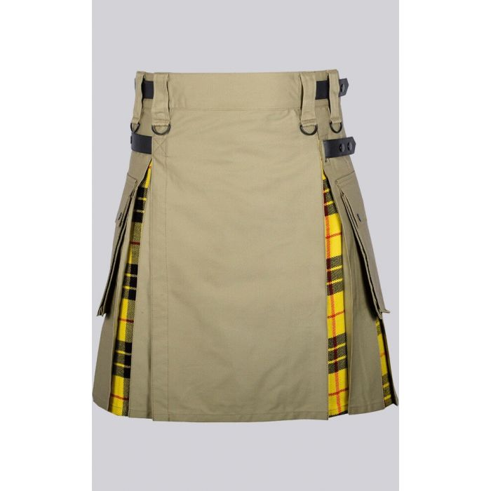 Khaki Cotton Mecleod of Lewis Tartan Scottish Utility Cargo Hybrid Kilt