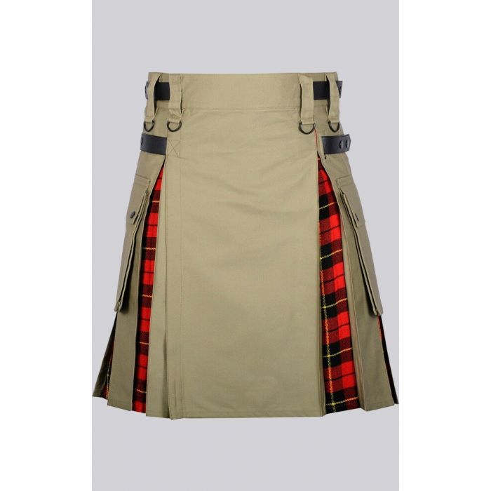 Khaki Cotton Wallace Tartan Scottish Utility Cargo Hybrid Kilt