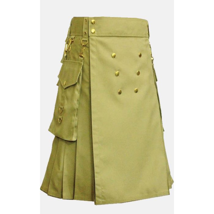 Khaki Utility Kilt With Gold Button