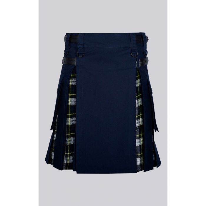 Navy Blue Cotton Dress Gordon Tartan Scottish Utility Cargo Hybrid Kilt
