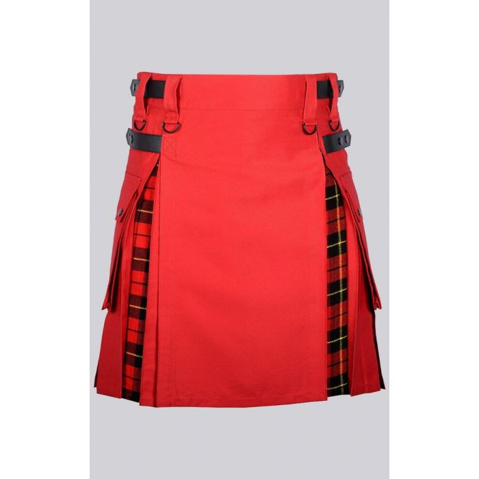 Red Cotton Wallace Tartan Scottish Utility Cargo Hybrid Kilt